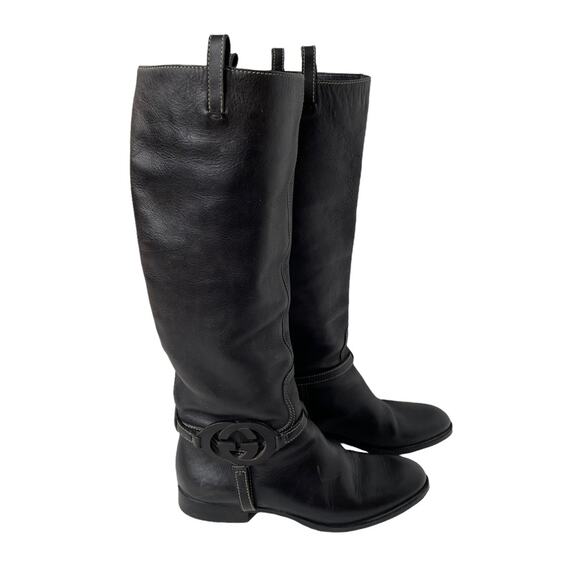 Gucci Interlocking G Logo Tall Riding Boots Knee Leather Black 7 GUC - Picture 2 of 16